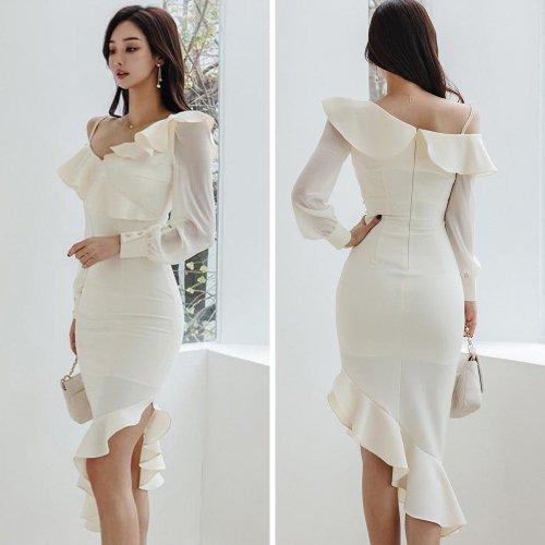 キャバドレス ナイトドレス ミディアムドレス ワンショルダー ワンピース アシンメトリー シフォン フリル レディース グラシア