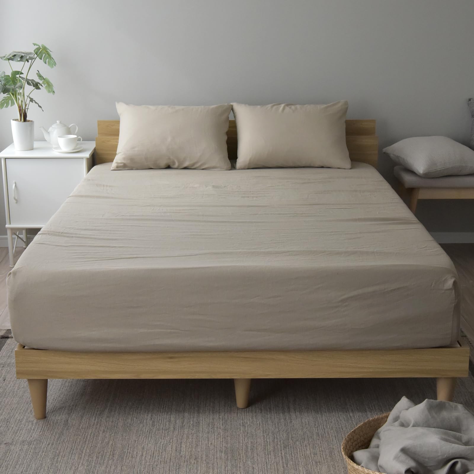 日本製 綿麻 ボックスシーツ マチ40cm セミダブル 洗いざらし リネン コットン マットレスカバー ベッドシーツ 速乾 洗える 北欧風 マットレスカバー 軽量 リーナブレンド (セミダブル40cm