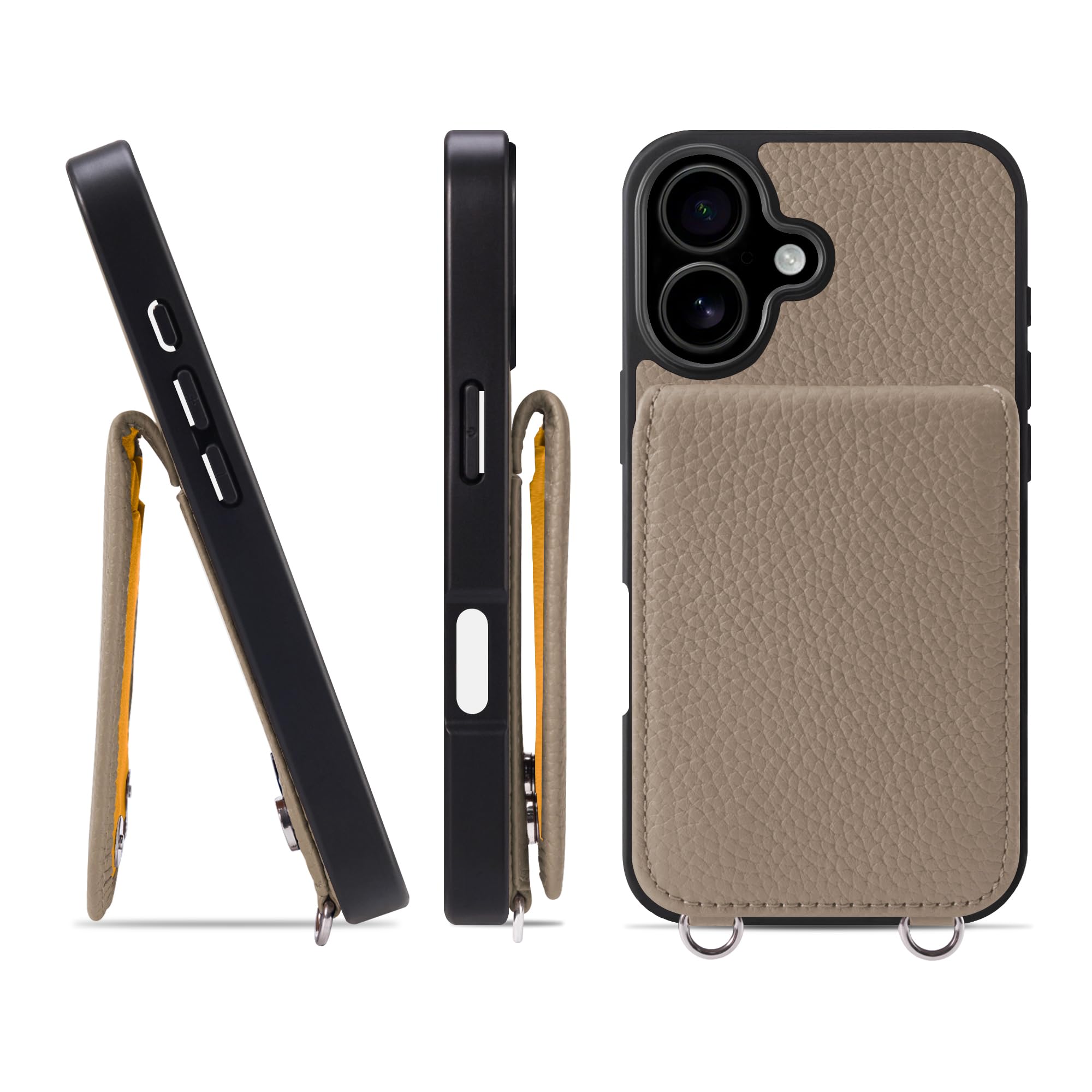 HANATORA for iPhone 17 ケース バンパー型 本革 スマホケース スマホ カードポケット スタンド ショルダーストラップ 付き シュリンクカーフレザー ギフト グレージュ SCPG