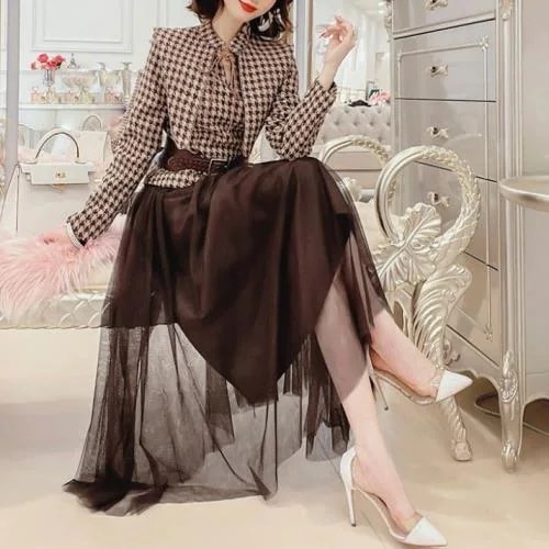 【急速出荷 2025年新作】セットアップ ツーピース トップス スカート 2点セット 無地 チェック柄 襟付き 秋 冬 長袖 ロング丈 ミモレ丈 おしゃれ 可愛い オルチャン 韓国 ベルト付 ビッグ襟