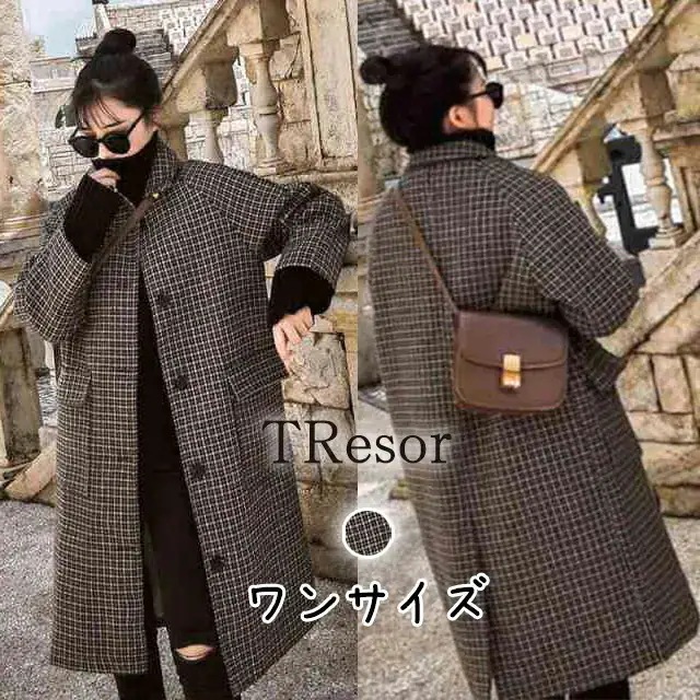 コート レディース ロングコート アウター ジャケット 上着 大きいサイズ 秋 冬 ステンカラー チェック柄 レトロ ストレート ドロップショルダー 体型カバー 二の腕カバー お出かけ デート