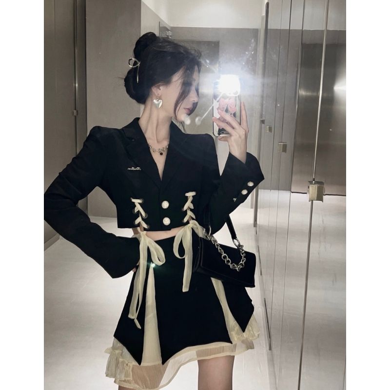涼しく楽ちんセットアップ涼しく楽ちんセットアップセットアップ2023 韓国ファッション JK制服ブレザー＋プリーツスカート2点セットスーツ脚魅せミニスカートプリーツスカート