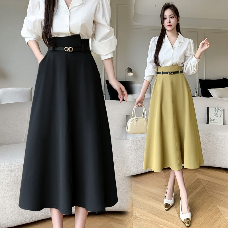 ロングスカート レディース スカート フレアスカート ハイウエスト スカート Aラインスカート ミモレ丈 ふんわり ミモレ丈スカート ベルト ポケット きれいめ 大人 上品 おしゃれ エレガント