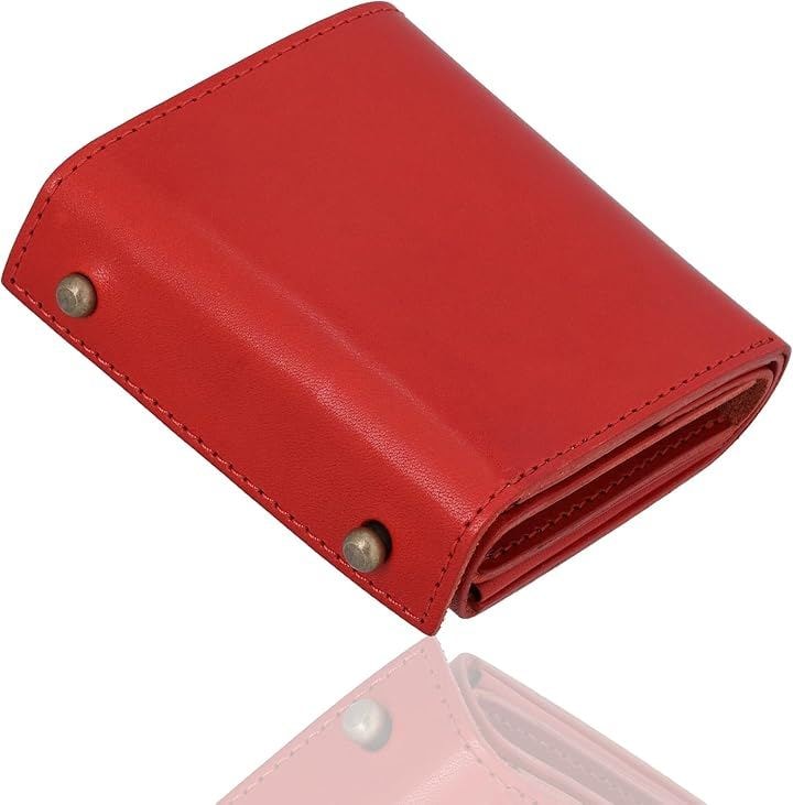 財布 メンズ 2つ折り 栃木レザー 本革 ミニ財布 箱型 箱状 小さい財布 コンパクト財布 小銭入れ 見やすい 使いやすい ブック型 ボックス型 日本製 お札が折れない (レッド)