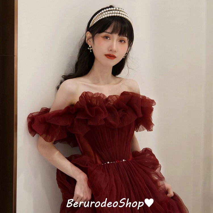【一部の現物は明日出荷】結婚式ドレス 二次会ドレス ワイン赤 イブニングドレス オフショルダー チュール ドレス 発表会ドレス パーティードレス Aライン ロングドレス ワインレッド