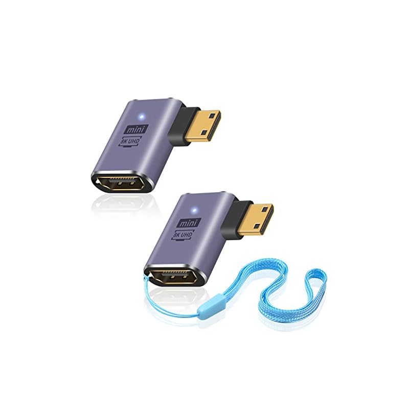 Duttek 8K L字型ミニHDMI HDMIアダプター 90度ミニHDMIアダプター 48Gbps ミニHDMIオス HDMIメスアダプター LED動作インジケーターランプ付き カメラビデオカメ