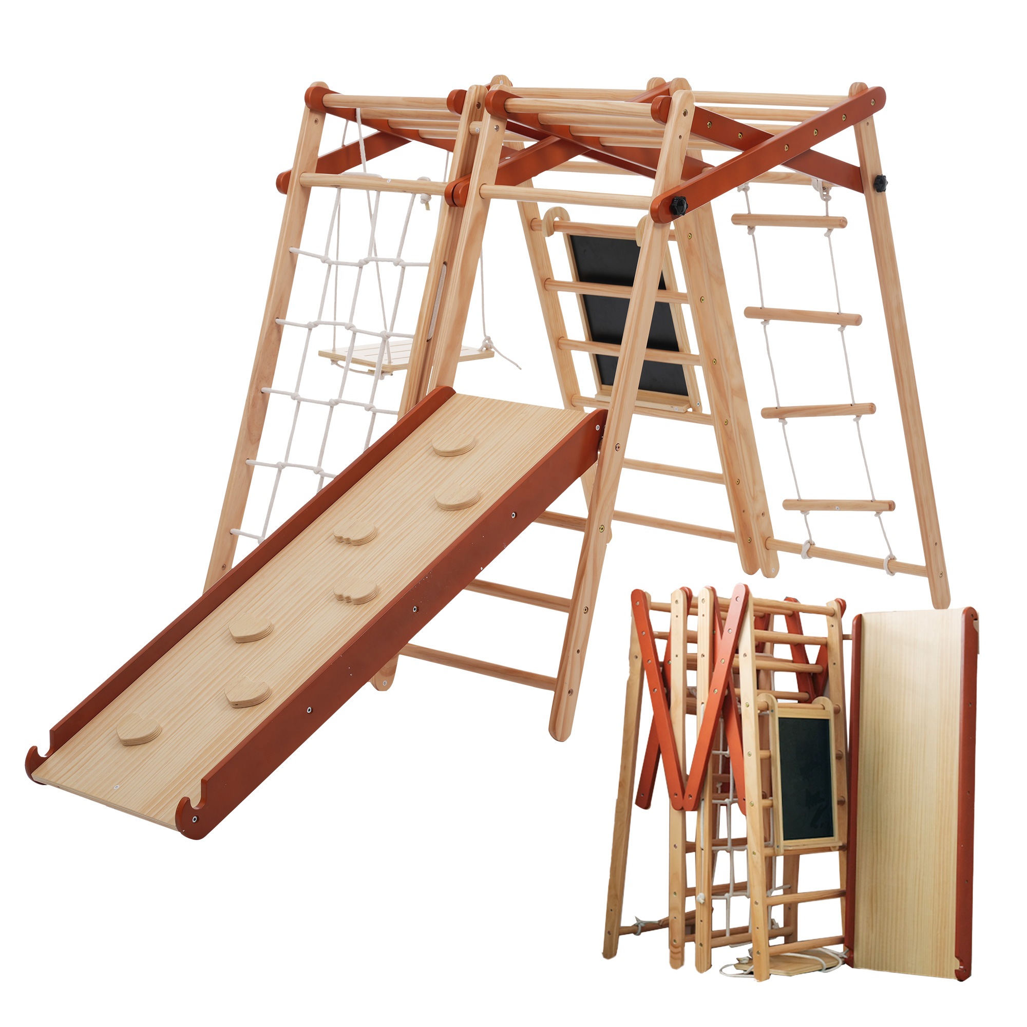 403ジャングルジム 8in1 天然木 ブランコ すべり台 滑り台 折りたたみ 黒板付き 耐荷重50kg コンパクト 多機能 木製　 屋内 室内用 大型遊具 室内遊具 キッズ 子供 誕生日プレゼント 14,703円