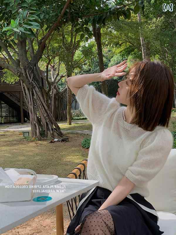 パフスリーブ 半袖 ニット 秋冬 レディース セーター モヘア 薄手 レトロ トップス ホワイト ピンク グレー プルオーバー おしゃれ