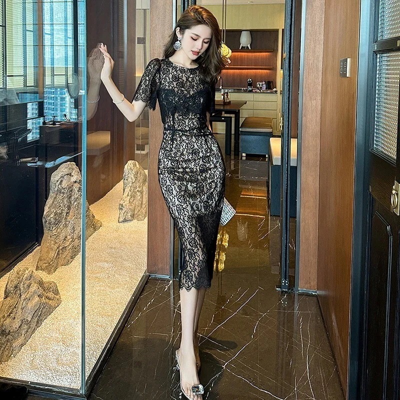 【JY.上品】 レース ワンピ レイヤード 偽2セット 夏 ドレス パーティー 着痩せ 大人 お呼ばれ