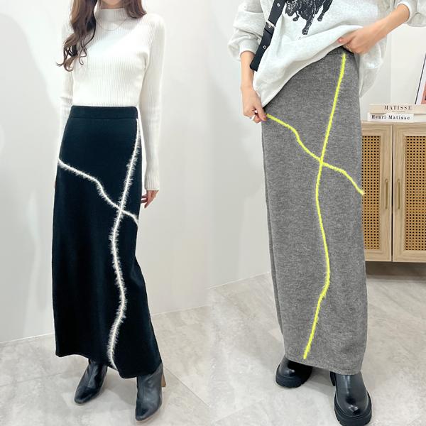 スカート ライン フェザー ニットスカート ナロースカート タイトスカート コード リボン もっちり / アルパカタッチラインフェザーナローニットスカート