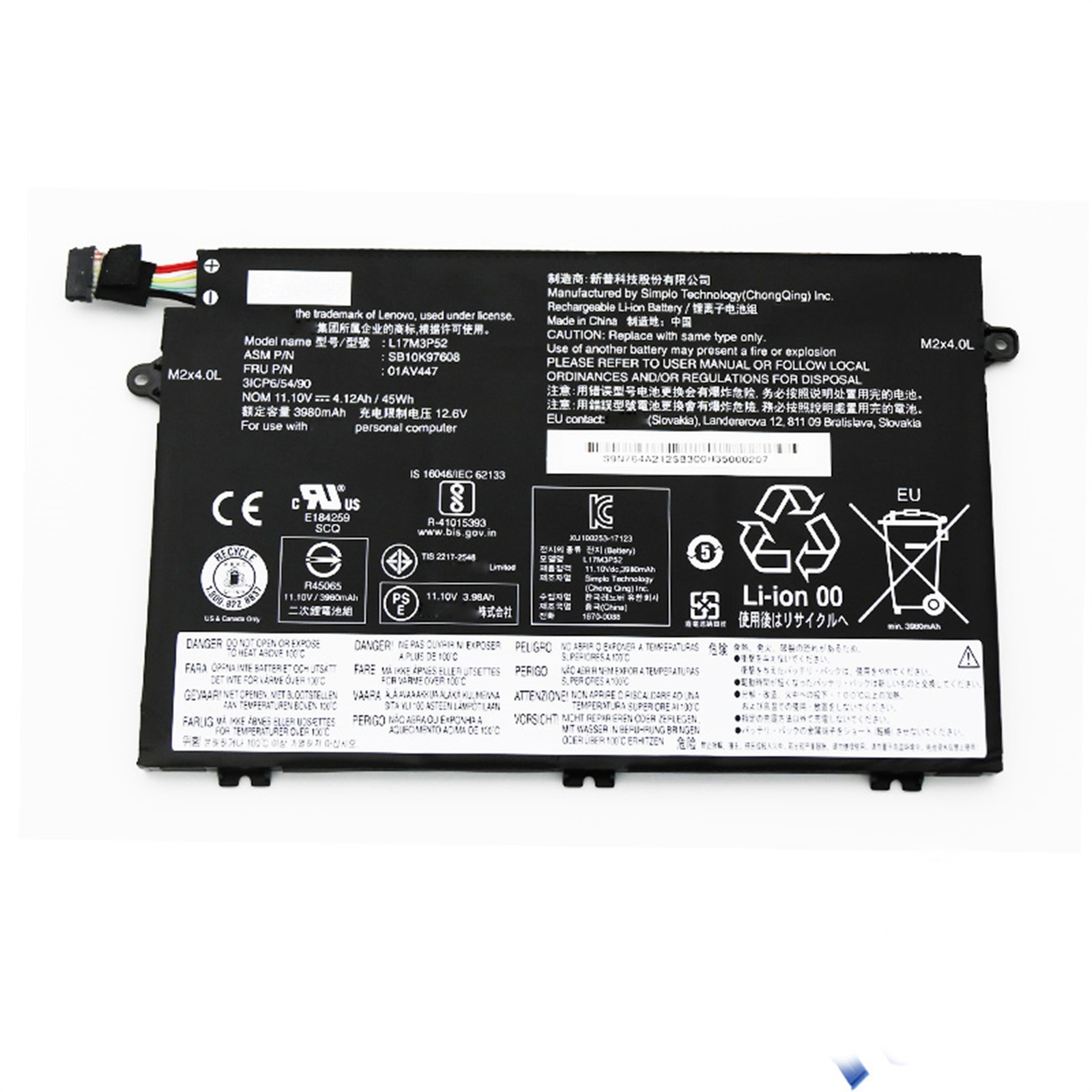 L17M3P52 電池・Lenovo/ThinkPadノートパソコン互換 45Wh/4120mAh E480/R580 E485 E585 E490 L17M3P52 交換用のバッテリー dc909