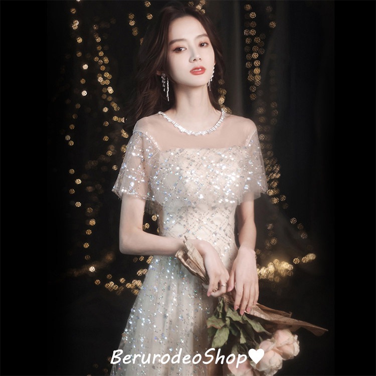 早割価格イブニングドレス キラキラドレス スパンコール ラインストーン キレイめ 発表会ドレス ロングドレス パーティードレス シャンパン色 結婚式ドレス 二次会ドレス お呼ばれドレス 成人式ドレス