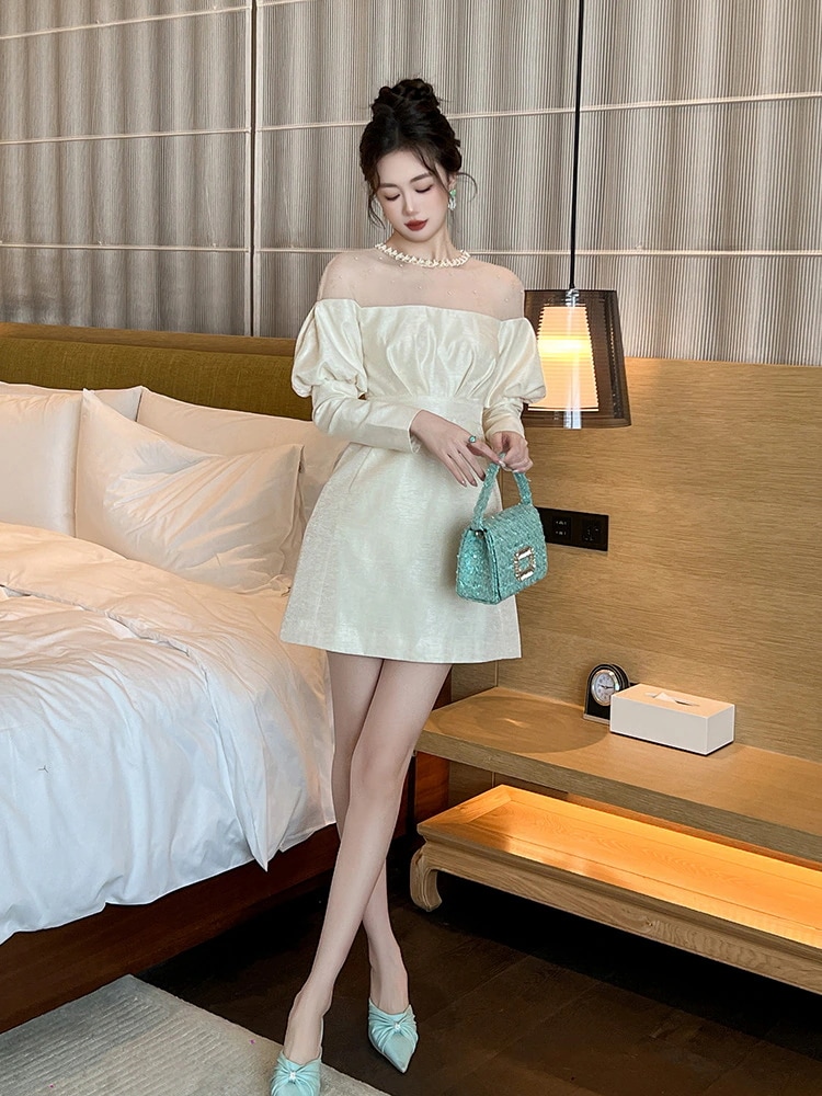 新款 2024秋冬新品 チュールドッキング フリル オフショルダー風 ワンショルダー風 ショート ドレス パーティー キャバ 大人 同窓会 披露宴 卒業式 結婚式 演奏会 ウェディング 二次