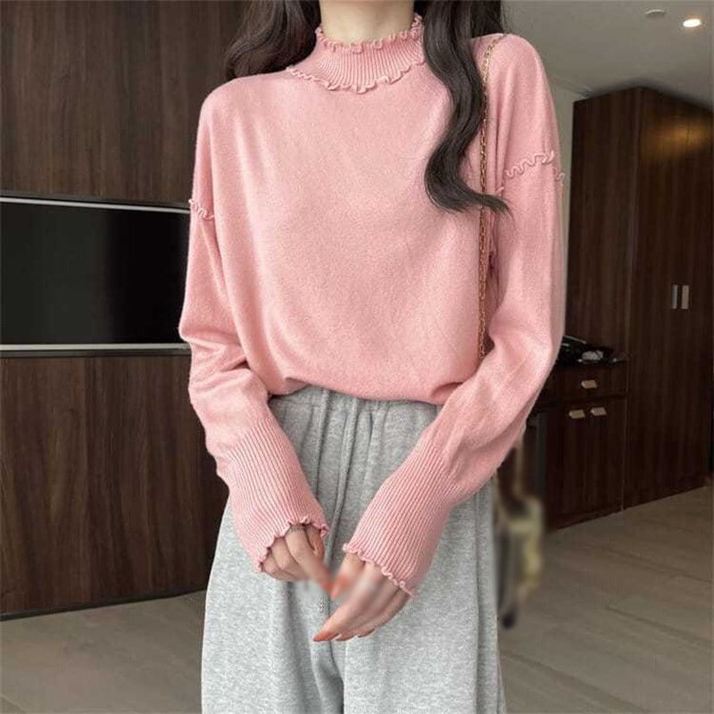 ニット セーター レディース 無地 かわいい フリル 長袖 薄手 ハイネック インナー ベーシック シルエット 春 秋 冬 可愛い 長袖 スタンドカラー カジュアル エレガント 秋ニット 細見え ハイ