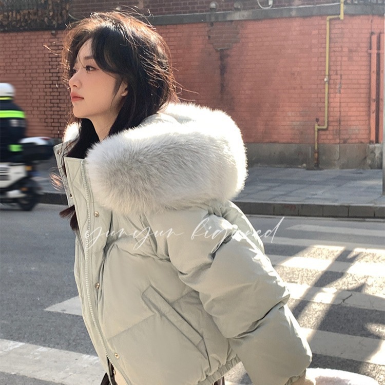 90ダウンジャケットレディースショートオーバーサイズファー襟24韓国風シンプルゆったりフード付き厚手パンジャケット小男