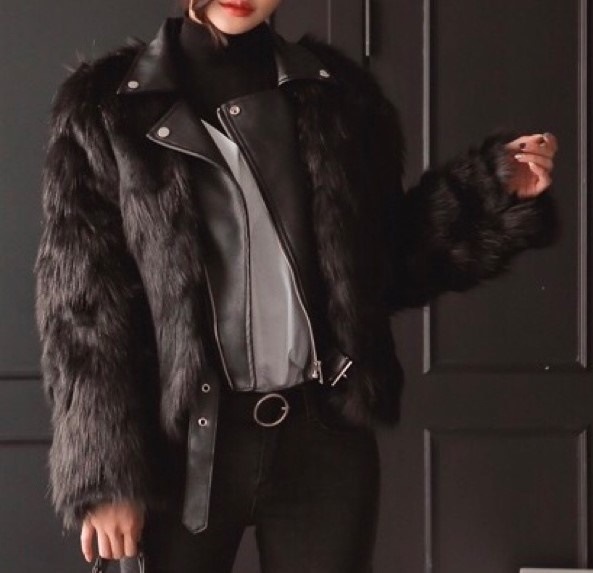 5184.もこもこファーライダースジャケット（ブラック）2019 春夏 sale アウター 美ライン おしゃれ きれいめ カジュアル ボーダー フェイクファー ミディアム オフィス ビジネス お出かけ