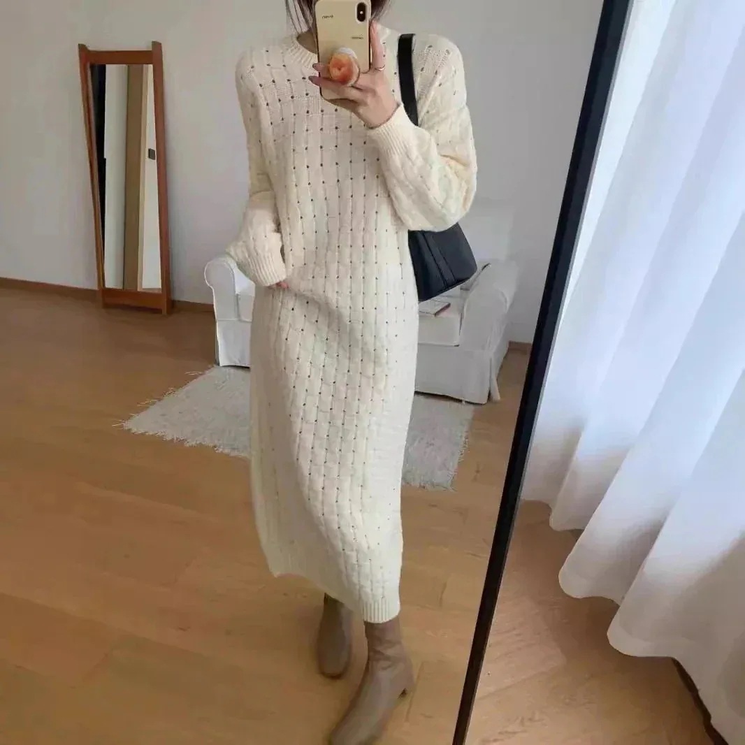 【3日出荷】韓国版気品丸首ゆったりニットワンピース女性の秋冬新ファッションカジュアルインナーボトムセータースカートワンピース 秋冬