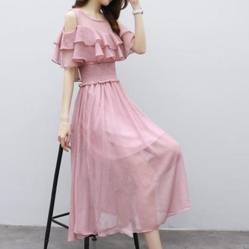 1524.オフショルダーシフォンドレス（ピンク） 2019 春夏 sale 女子会 結婚式 披露宴 二次会 パーティー お呼ばれ