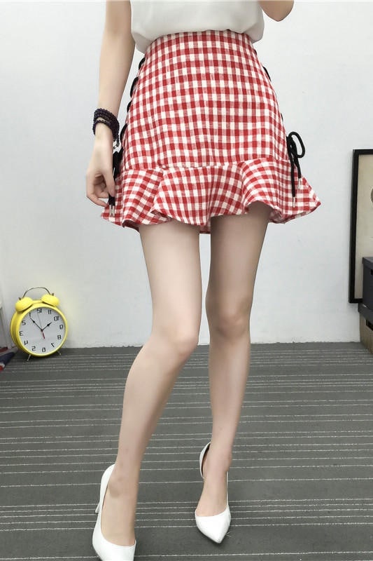 3024.大きいサイズも チェック柄サイドリボンフリルスカート（レッド）