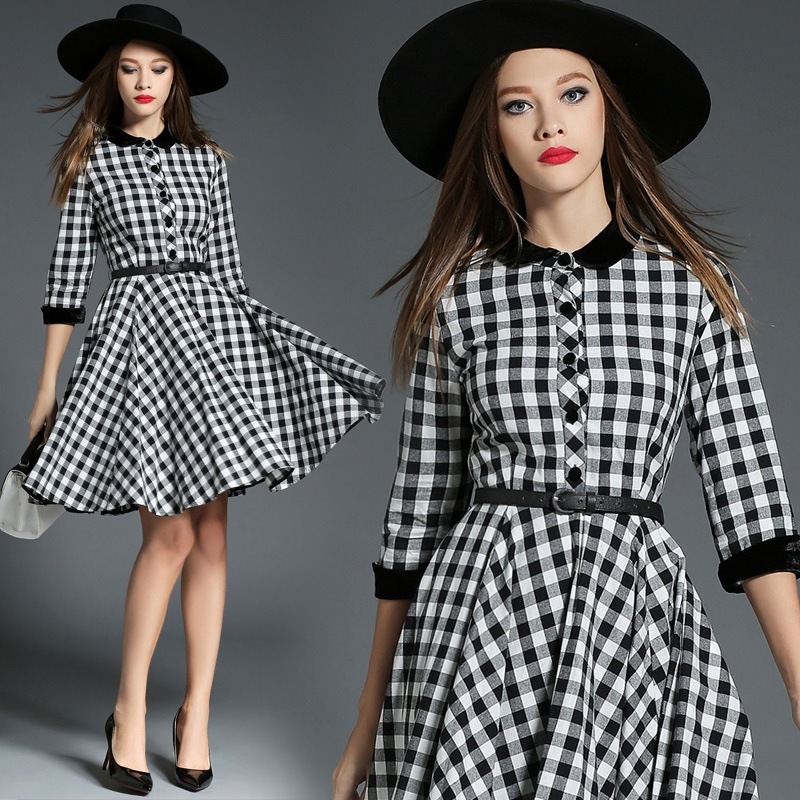 1009.クールなチェック柄ワンピース（ブラック）