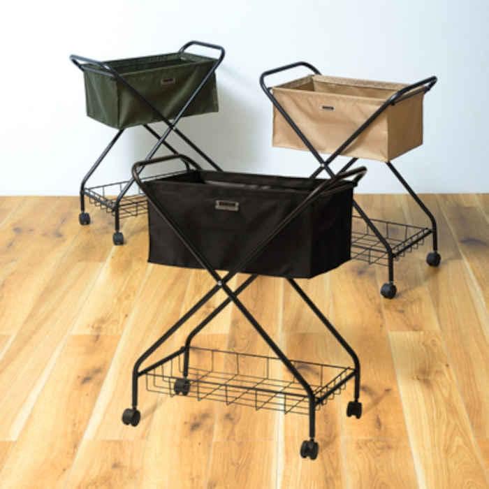 バスケットワゴン バスケット ワゴン フォールディング 折りたたみ キャスター付き ランドリーバスケット ワンドリーワゴン キッチンワゴン サイドワゴン 棚付き スチール カーキ グリーン ベージュ