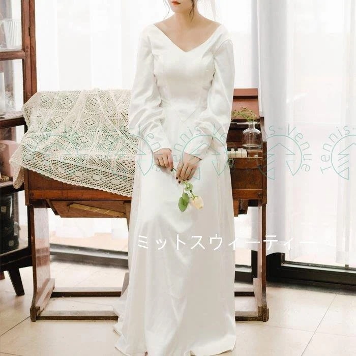 ウェディングドレス Aラインドレス 結婚式 花嫁 二次会 発表会 長袖 白 vネック パーティードレ