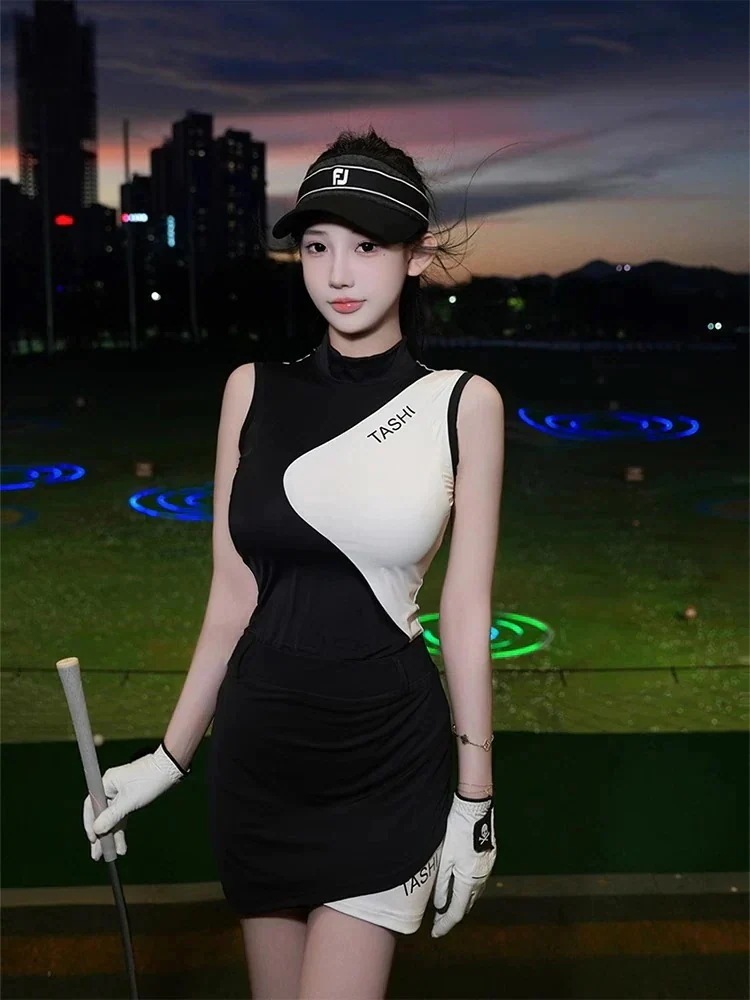 限定特価ゴルフウェア 春夏 レディース スポーツウェア トップス 袖無し 半袖 Tシャツ スカート ミニスカート 上下セット 黒白 女性 テニスウェア 通気性 速乾 韓国風 おしゃれ