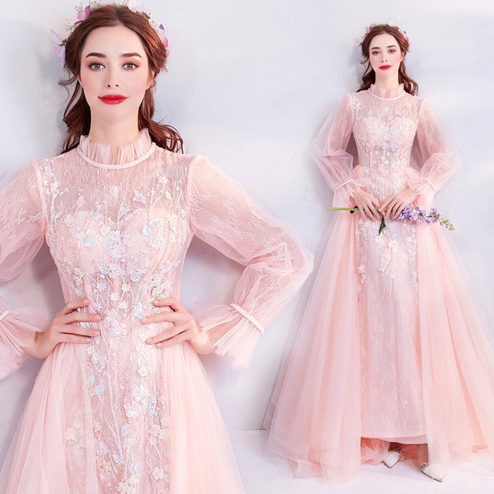 カラードレス ピンク パーティードレス 長袖 演奏会用ドレス ロングドレス ウェディングドレス 発表