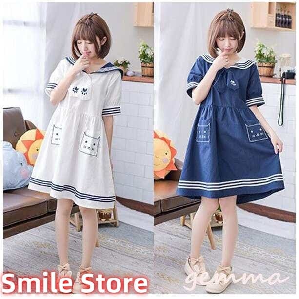 レディース 猫刺繍柄 森ガール シャツ 半袖 セーラー襟 レディース ワンピース セーラー風 海軍風ワンピース マリン セーラー