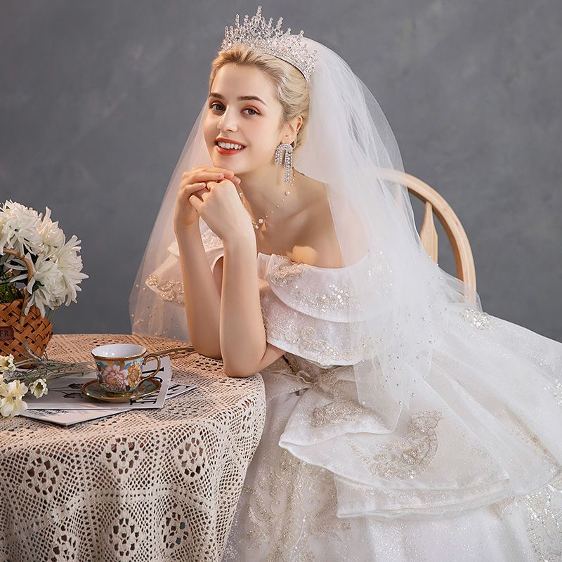 ワンショルダーメインウェディングドレスプラスサイズドレス花嫁2025重工業宮殿スタイルカバー腕太った女の子プラス脂肪増加 12,691円