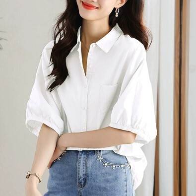 トップス シャツ ふんわり袖 パフスリーブ 袖あり 半袖 襟付き ワイド 前開き 綿 薄手 コットン かわいい 可愛い きれいめ シンプル カジュアル 大人 上品 おしゃれ お洒落 かっこいい 大人可