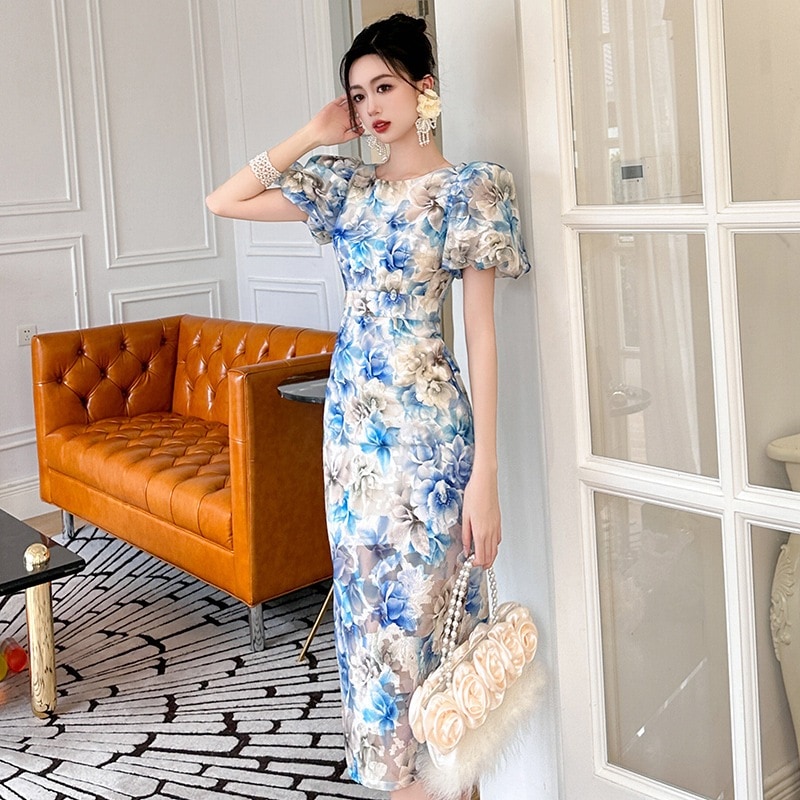 【JY.上品】 夏 花柄ワンピース フリル袖 ブルー ドレス パーティー 着痩せ 大人 お呼ばれ 同窓会 披露宴 卒業式 結婚式 ウェディング 二次会 成人式