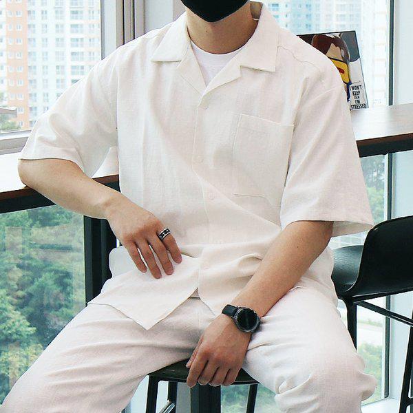 WWO メンズ ビッグサイズ ブラックド リン넨 半袖 オープンカラー シャツ