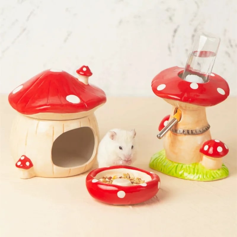 かわいいキノコの家のペットのボウルハムスターのケージ小さなウサギフェレットチャイナチラペット製品水噴水ペット用品2024