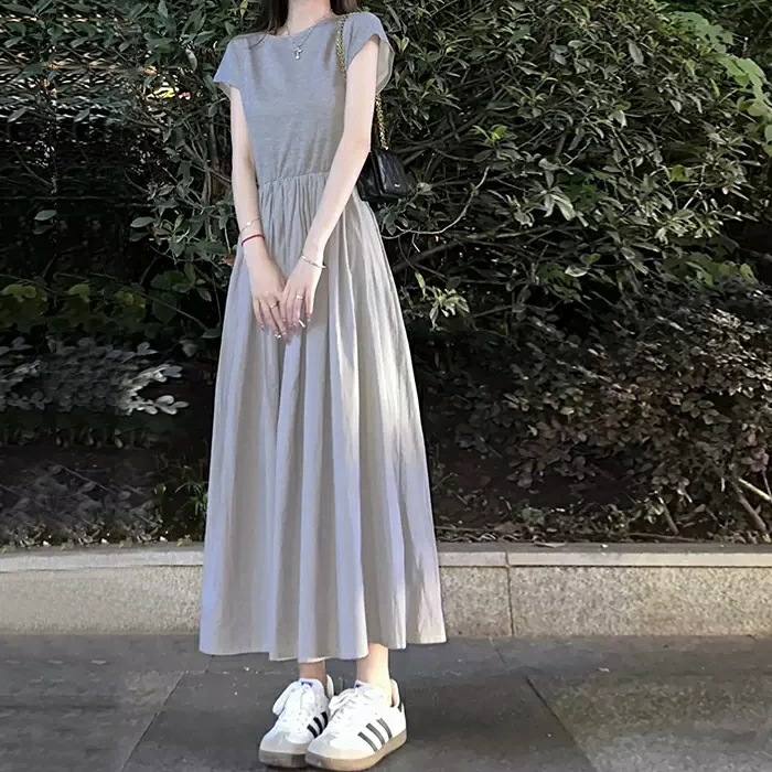 ワンピース ワンピ ドレス 袖あり フレンチスリーブ レディース エレガント きれいめ カジュアル 大人 可愛い 半袖 フェミニン Aライン ミモレ丈 シンプル 切り替え ハイウエスト 上品 ナチュラ