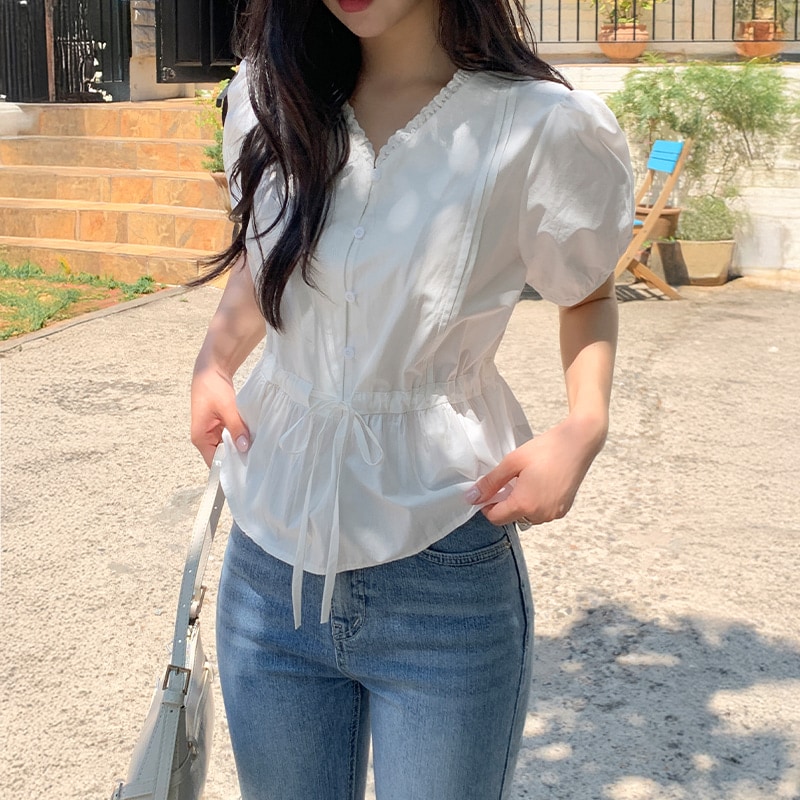 [tbs0478] 韓国ファッションストリング 半袖 ブラウス