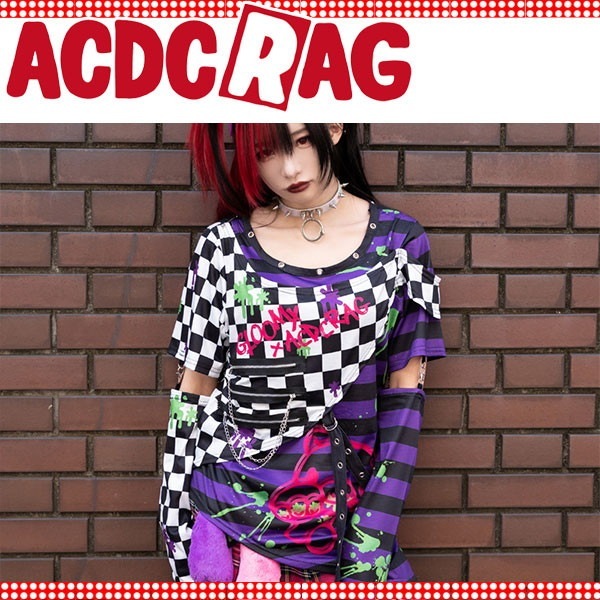 ACDC RAG ビビッドグルーミー ボーダー L/S T 原宿系 パンク ロック V系 ダーク 病み 病みかわいい ブラック/パープル