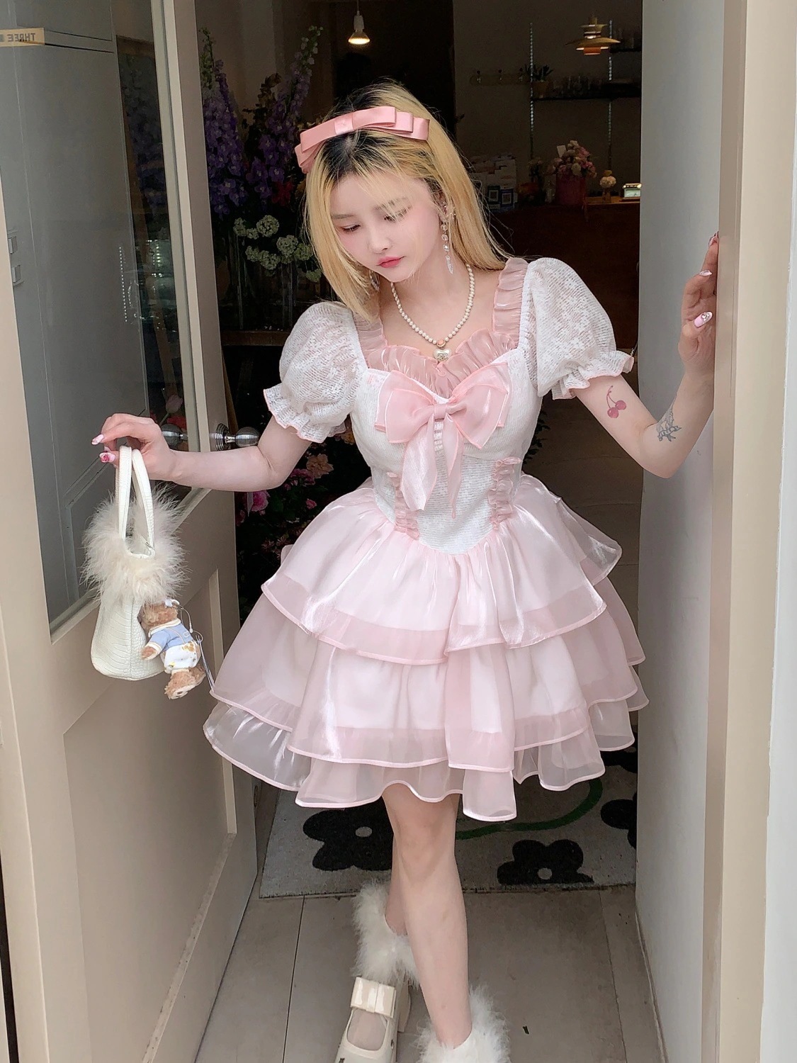 和風小清新甘少女ウエスト痩身ストラップパフスリーブドレスチュチュスカート2024夏新作