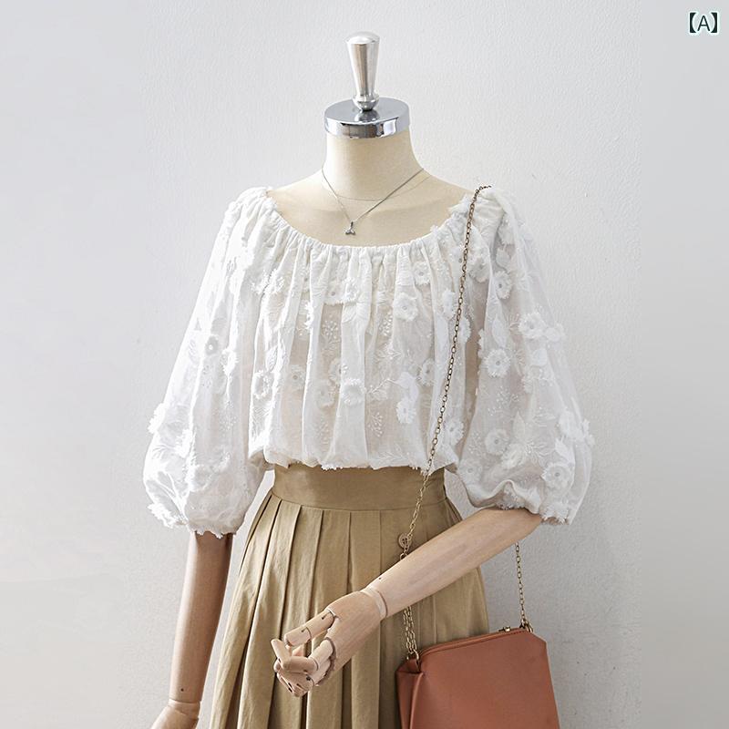 レディース シャツ エレガントブラウス 半袖 五分袖 白 夏 立体的なフローラル刺繍 花柄 フリル パフスリーブ スクエアネック オフショルダー プルオーバー エレガント 優雅 フェミニン