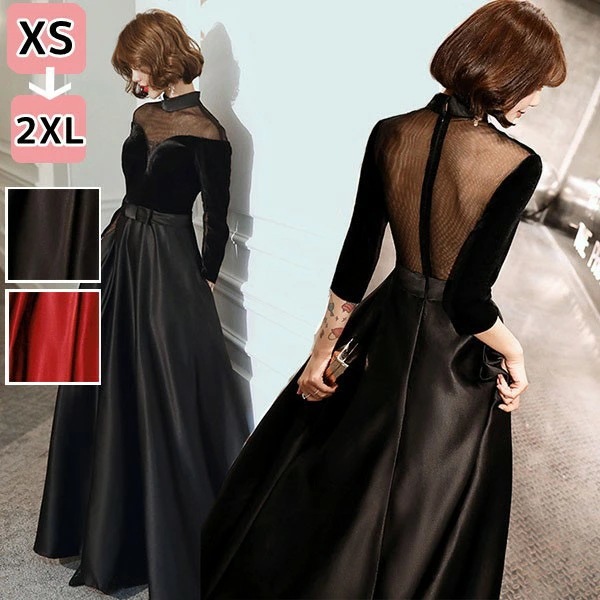 送料無料 ロングドレス 黒 演奏会用ドレス 大人 ピアノ 発表会 母親 結婚式 ワンピース パーティードレス イブニングドレス ロング丈 長袖 高級感 透け感 セクシー エレガント Aライン 二次会
