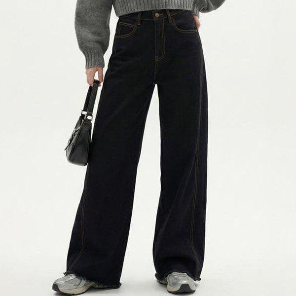 Hスタイル(MIZ)1556デュアル裏起毛ワイドバンディングブラックジン 冬 女性 裏起毛 デニムパンツ ジーンズ バンディングパンツ