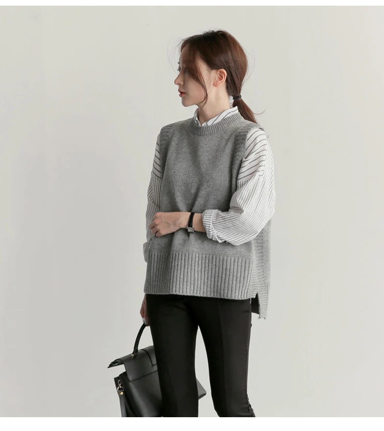 トップス ニット ベスト 袖なし ノースリーブ ラウンドネック ストレート 後ろ長め ニット 大人可愛い きれいめ シンプル カジュアル 上品 おしゃれ お洒落 かっこいい レトロ メンズライク