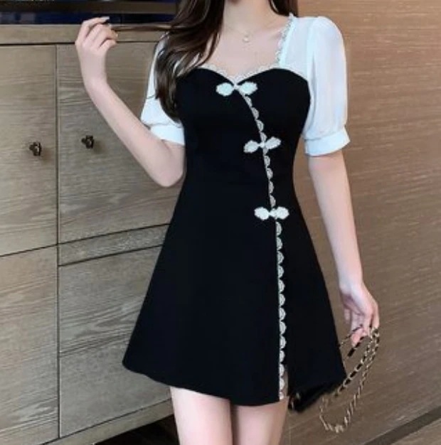 ワンピース ドレス レディース ショート 半袖 パフスリーブ レース スリット リボン かわいい 大人可愛い きれいめ シンプル ガーリー 大人 上品 おしゃれ 無地 夏 デート お出かけ ブラックその他 ワンピース・ドレス