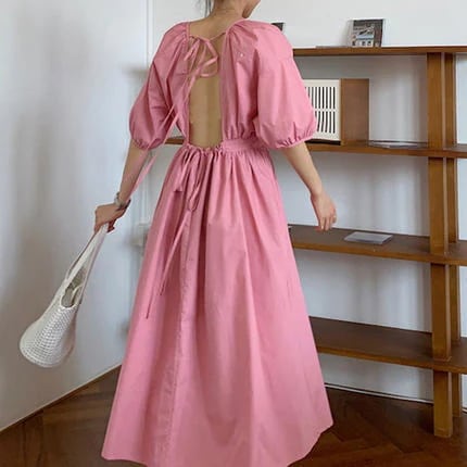 ワンピース レディース 半袖 5分袖 パフスリーブ ピンク 白 Aライン フレア ロング 背中開き 無地 ゆったり ナチュラル クルーネック ラウンドネック 大人可愛い シンプル おしゃれ お出かけ