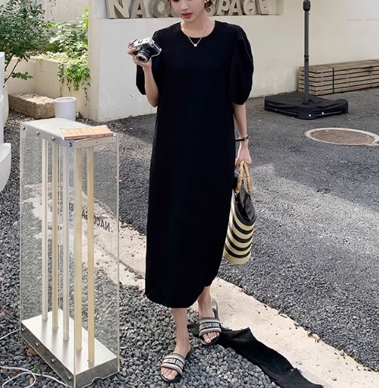 レディース スカート ワンピース ドレス ロング 5分袖 パフスリーブ ストレート フェミニン ファスナー かわいい 大人可愛い きれいめ カジュアル 上品 おしゃれ こなれ感 ガーリー ルーズ