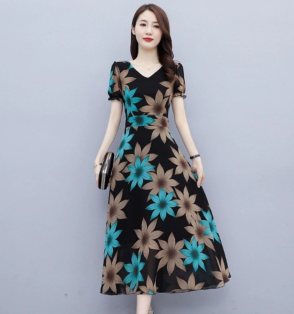 ワンピース デート フレアワンピース ワンピドレス ミディアム丈 袖あり 半袖 Vネック Aライン シフォン 伸縮性 かわいい 大人可愛い きれいめ シンプル カジュアル 上品 おしゃれ お洒落