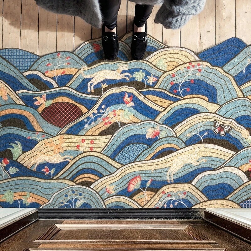 【TIME HOLDER】玄関マット 全7デザイン 和風 バスマット 足ふきマット なみ 波 浪 ネコ 猫 達摩 だるま ドアマット 寝室 トイレ 浴室 階段マット 吸水 120*200cm 滑り止め