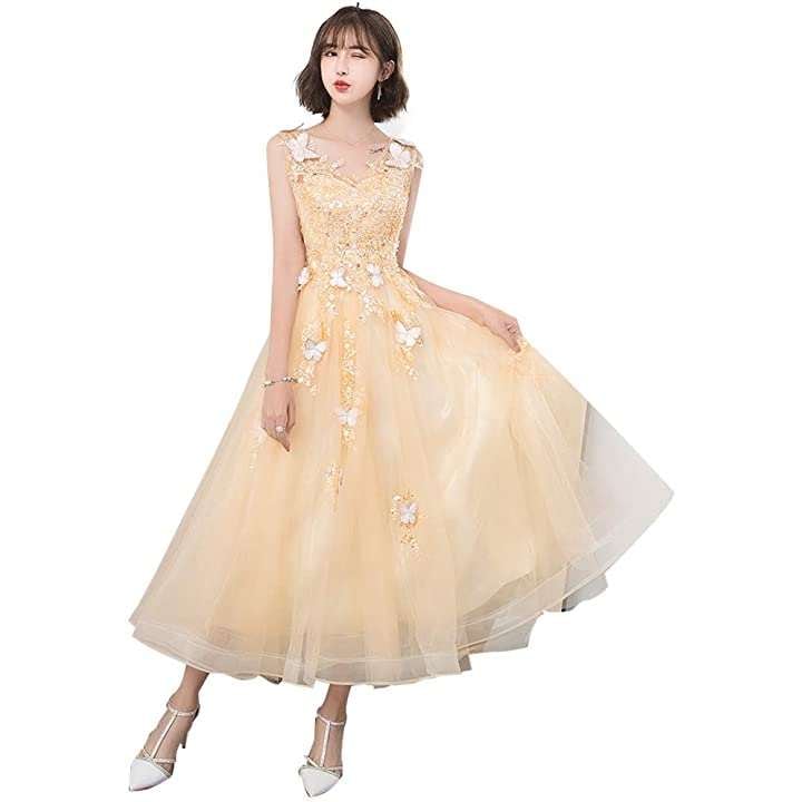 結婚式ドレス Vネック 演奏会用ドレス 花嫁ウェディングドレス カラードレス ステージドレス 声楽 コーラス 衣装 Aラインドレス(イエロー, S)