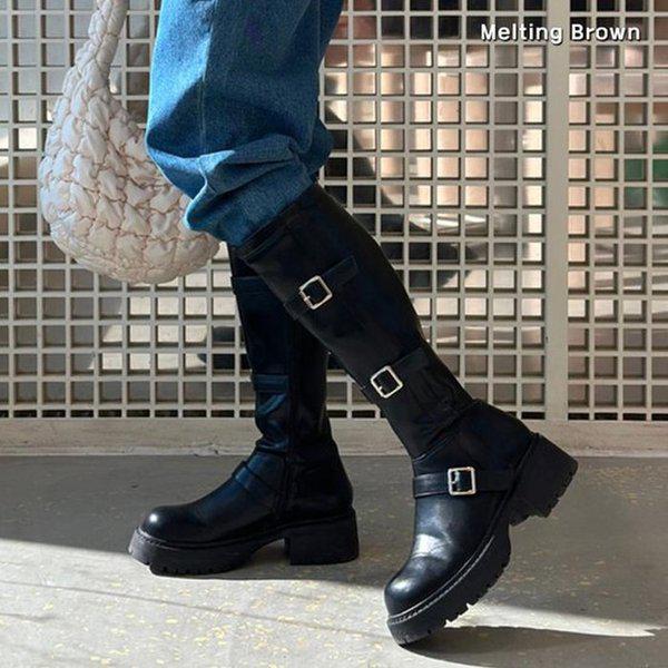 女性用ベルテッドロングブーツミドルヒールブーツ MT21