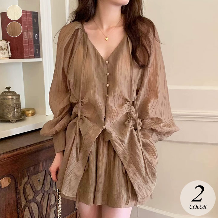 【 急速出荷】シアー 長袖 ブラウス トップス ショートパンツ セットアップ 上下 セット パンツ シースルー 透け感 楽ちん ゆったり きれいめ 上品 カジュアル フェミニン 春 夏 秋